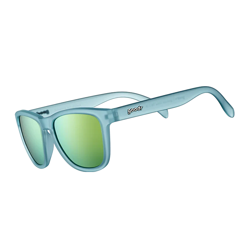 goodr OG Sunbathing With Wizards sunglasses, chrome frame with champagne lenses — side view