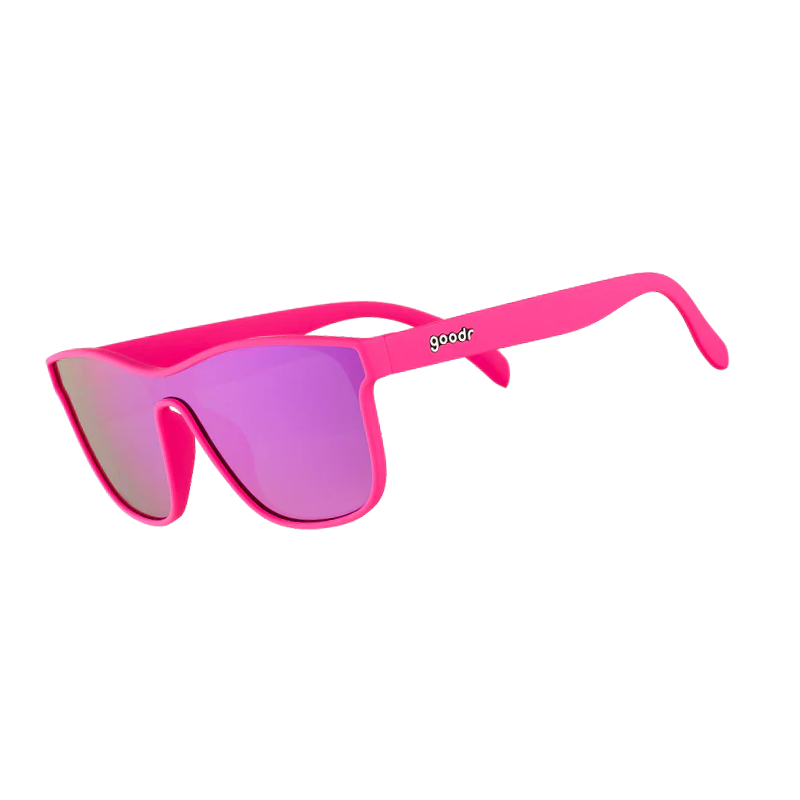 goodr VRG See You At The Party, Richter! sunglasses, hot pink frame with mirrored purple lenses — side view