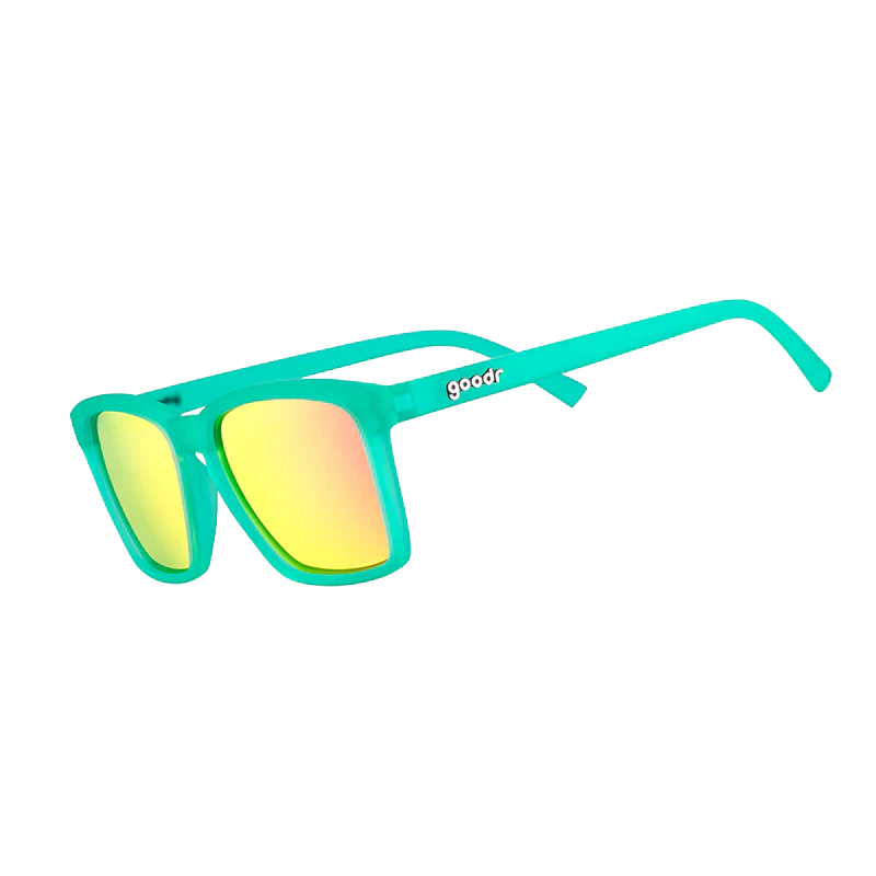 goodr LFG Short With Benefits sunglasses, turquoise frame with mirrored hot pink lenses — side view