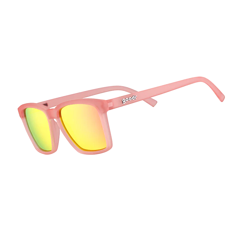 goodr LFG Shrimpin' Ain't Easy sunglasses, salmon frame with mirrored hot pink lenses — side view