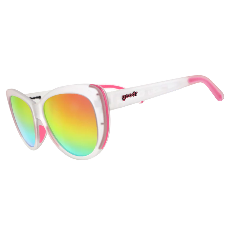 goodr Glam G Rainbow Runway Ready sunglasses, white frame with mirrored salmon lenses — side view