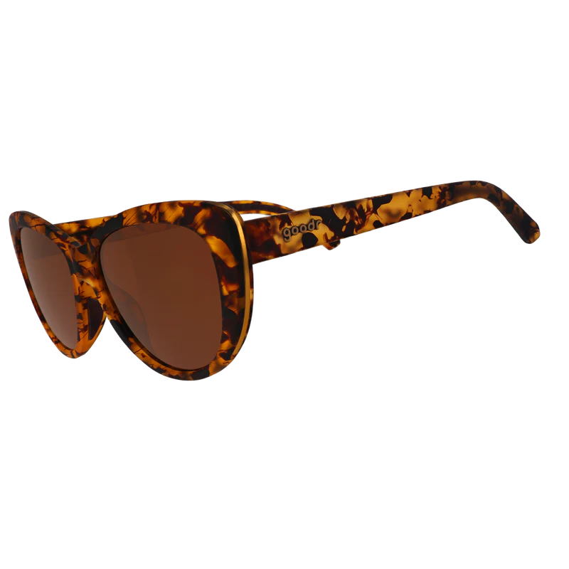 goodr Glam G The Catwalk's Meow sunglasses, tortoise frame with chocolate lenses — side view