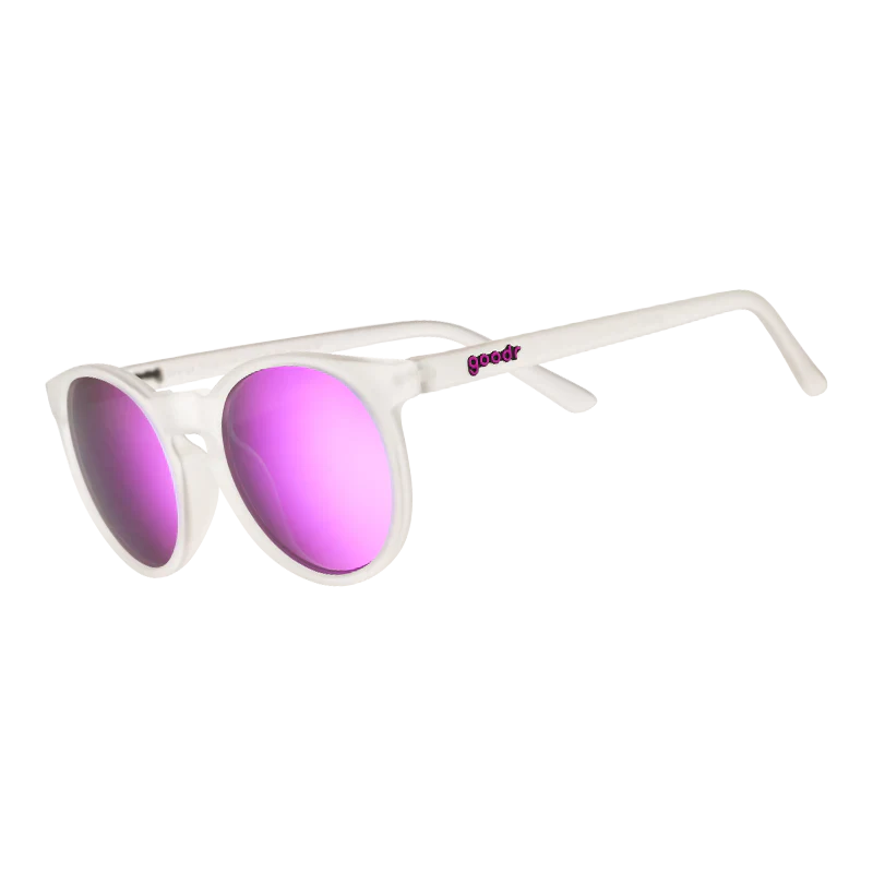 goodr Circle G Strange Things Are Afoot At The Circle Gs sunglasses, clear frame with cobalt blue mirrored lenses — side view