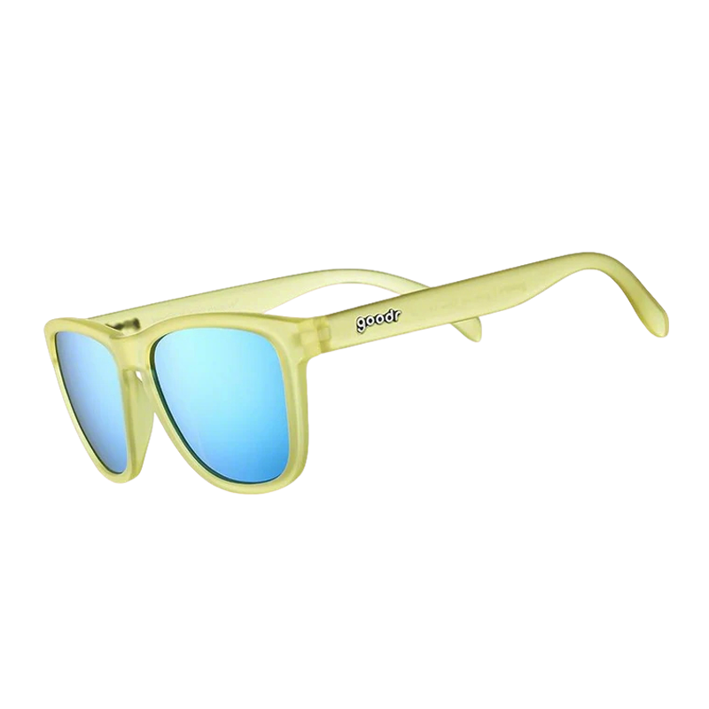 goodr OG Swedish Meatball Hangover sunglasses, lemon-lime frame with ice blue lenses — three-quarter view