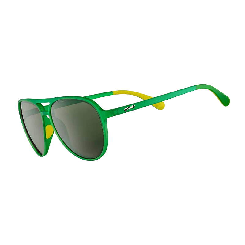 goodr Mach G Tales From The Greenskeeper sunglasses, forest frame with mirrored graphite lenses — side view