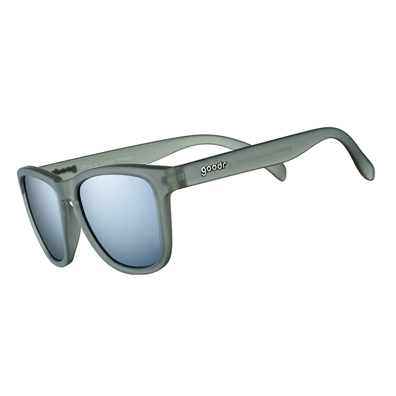 goodr OG Going To Valhalla... Witness! sunglasses, stone frame with mirrored chrome lenses — side view