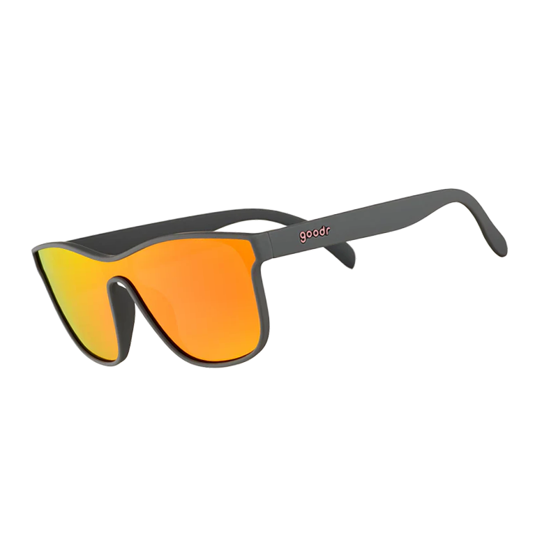 goodr VRG Voight-Kampff Vision sunglasses, graphite frame with mirrored maroon lenses — side view