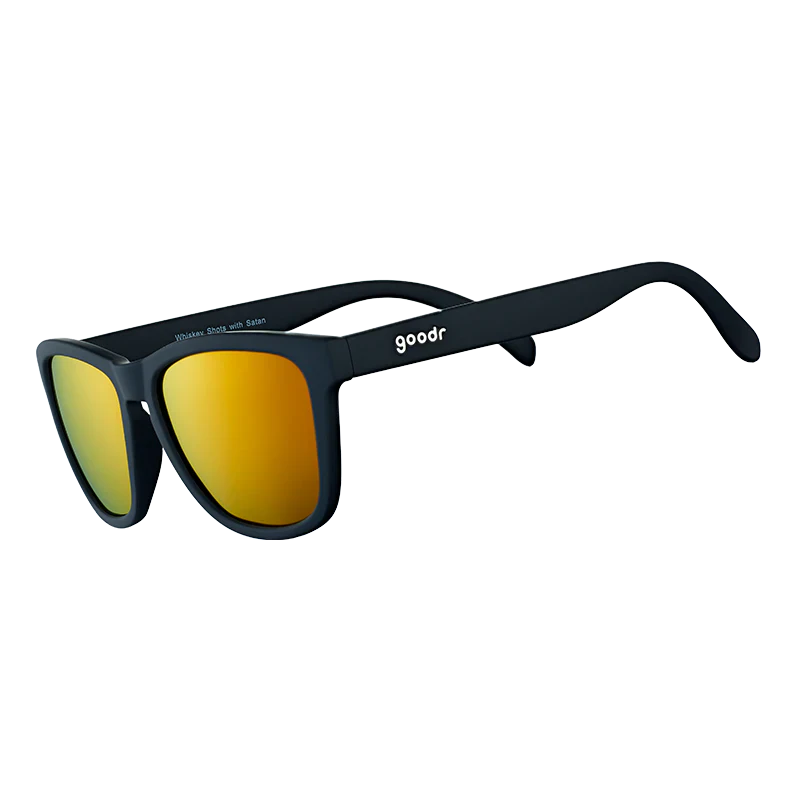goodr OG Whiskey Shots With Satan sunglasses, smoke frame with mirrored burnt orange lenses — side view