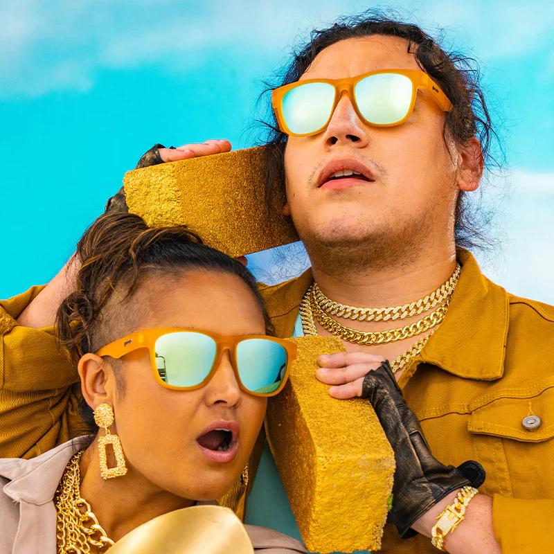 goodr BFG Gold Digging with Sasquatch sunglasses — lifestyle view
