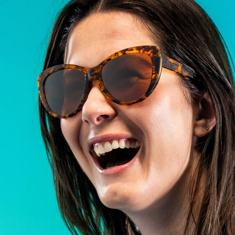 goodr Glam G The Catwalk's Meow sunglasses, tortoise frame with chocolate lenses — styled product view