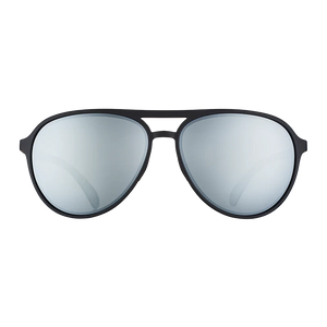 goodr Mach G Add the Chrome Package sunglasses, charcoal frame with mirrored silver lenses — front view