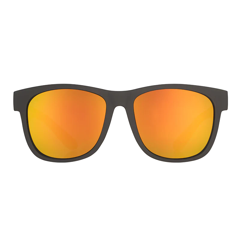 goodr BFG Beelzebub's Bourbon Burpees sunglasses, smoke frame with mirrored amber lenses — front view