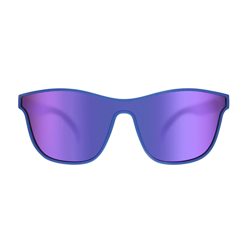 goodr VRG Best Dystopia Ever sunglasses, blue frame with mirrored violet lenses — front view