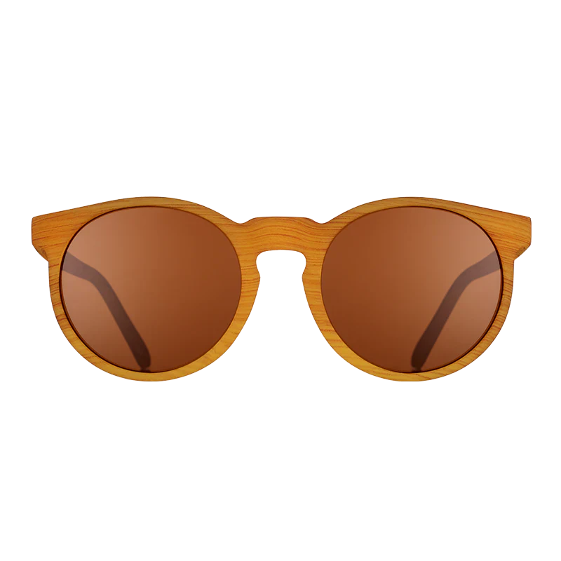 goodr Circle G Bodhi's Ultimate Ride sunglasses, mustard frame with brown lenses — front view