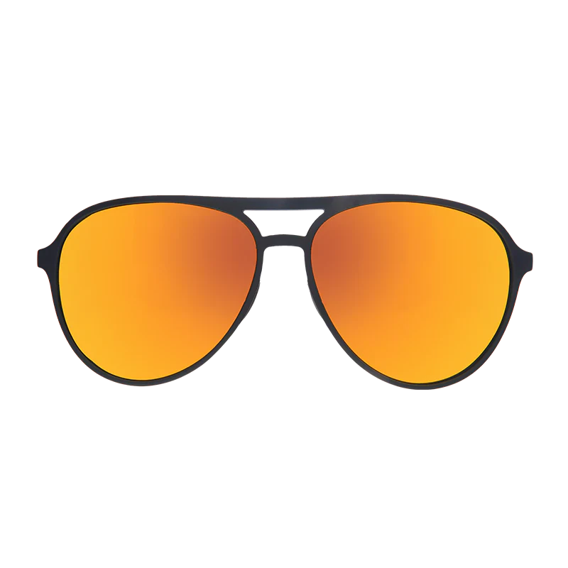 goodr Mach G Call Me Tarmac Daddy sunglasses, smoke frame with mirrored amber lenses — front view