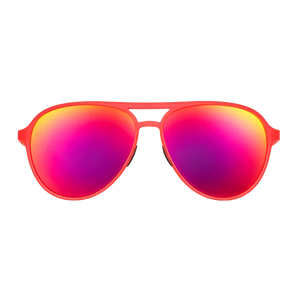 goodr Mach G Captain Blunt's Red Eye sunglasses, coral frame with crimson mirrored lenses — front view