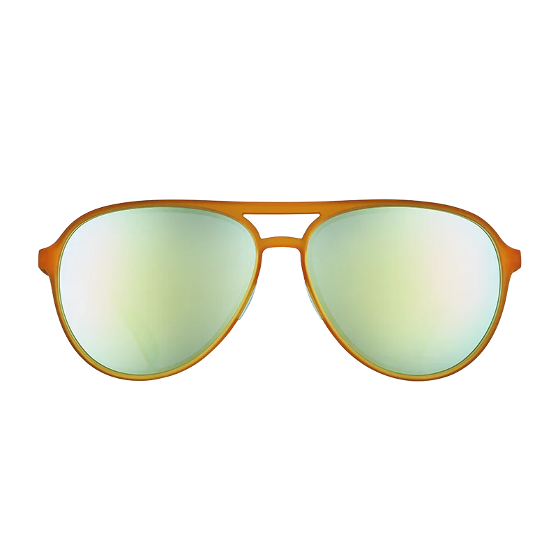 goodr Mach G Cheesy Flight Attendant sunglasses, mustard frame with mirrored lemon-lime lenses — front view
