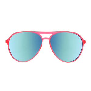 goodr Mach G Carl Is My Co-Pilot sunglasses, pink frame with mirrored light blue lenses — front view