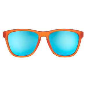 goodr OG Donkey Goggles sunglasses, orange frame with mirrored sky blue lenses — front view