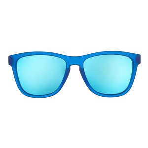 goodr OG Falkor's Fever Dream sunglasses, azure frame with mirrored sky blue lenses — front view