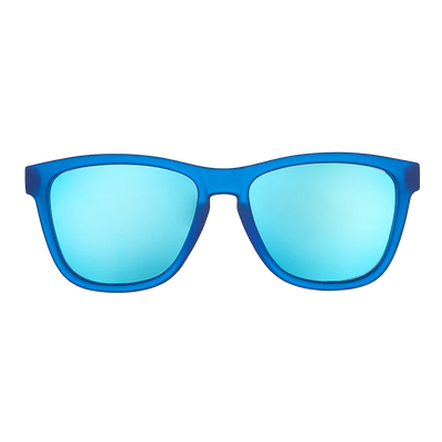 goodr OG Falkor's Fever Dream sunglasses, azure frame with mirrored sky blue lenses — front view
