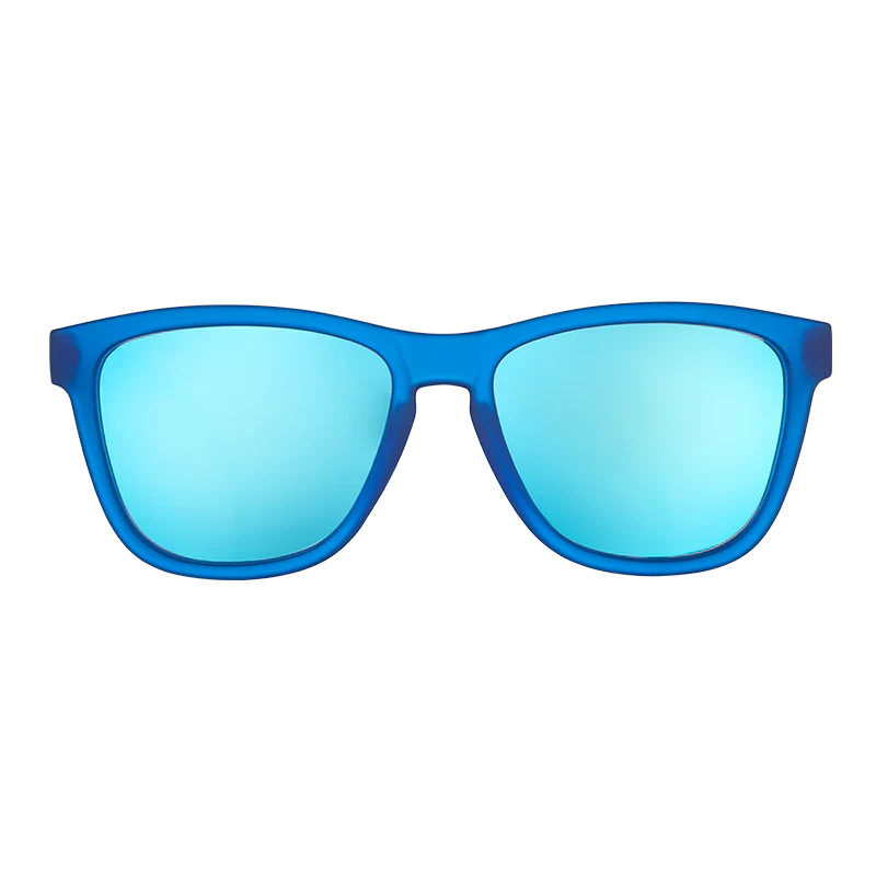 goodr OG Falkor's Fever Dream sunglasses, azure frame with mirrored sky blue lenses — front view