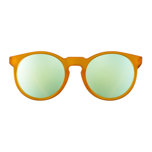 goodr Circle G Freshly Baked Man Buns sunglasses, mustard frame with mirrored lemon-lime lenses — front view