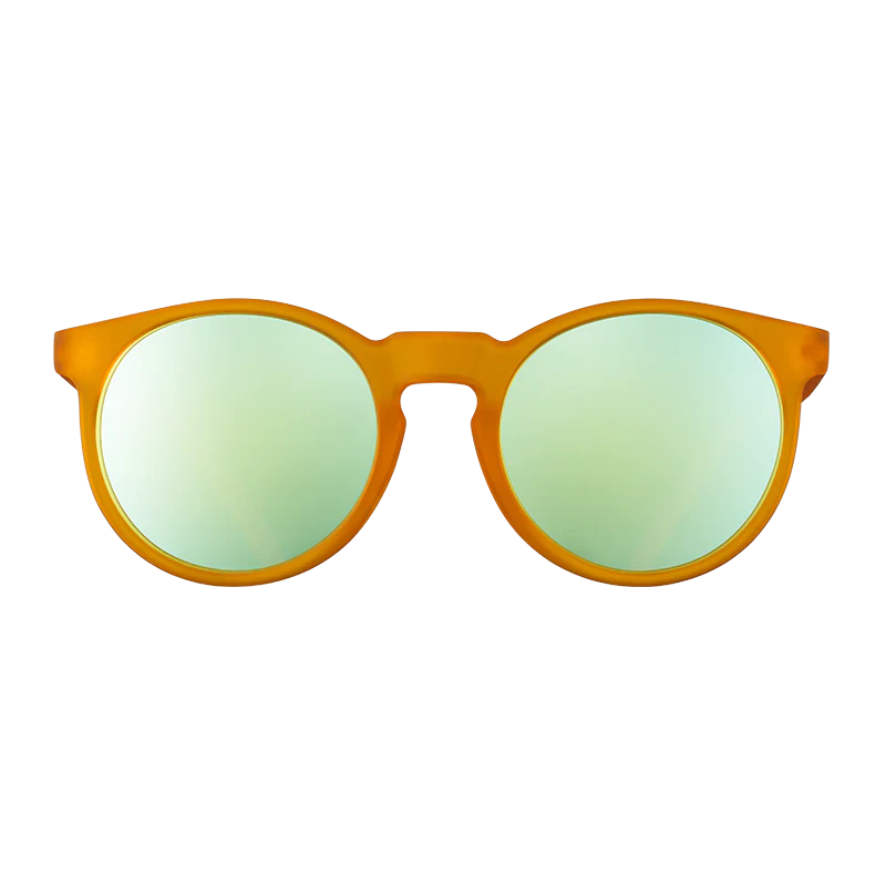 goodr Circle G Freshly Baked Man Buns sunglasses, mustard frame with mirrored lemon-lime lenses — front view