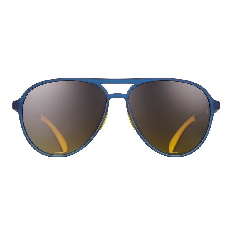 goodr Mach G Frequent Skymall Shoppers sunglasses, indigo frame with graphite gradient lenses — front view