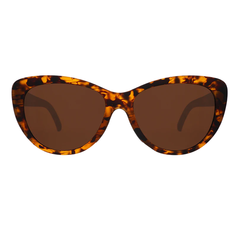 goodr Glam G The Catwalk's Meow sunglasses, tortoise frame with chocolate lenses — front view