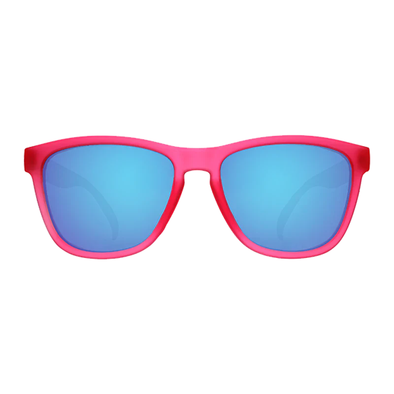 goodr OG Flamingos On A Booze Cruise sunglasses, hot pink frame with mirrored sky blue lenses — front view