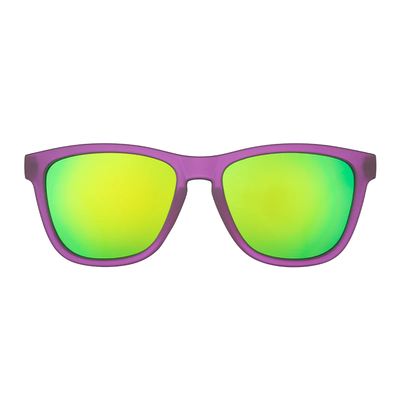 goodr OG Gardening With A Kraken sunglasses, orchid frame with mirrored chartreuse lenses — front view