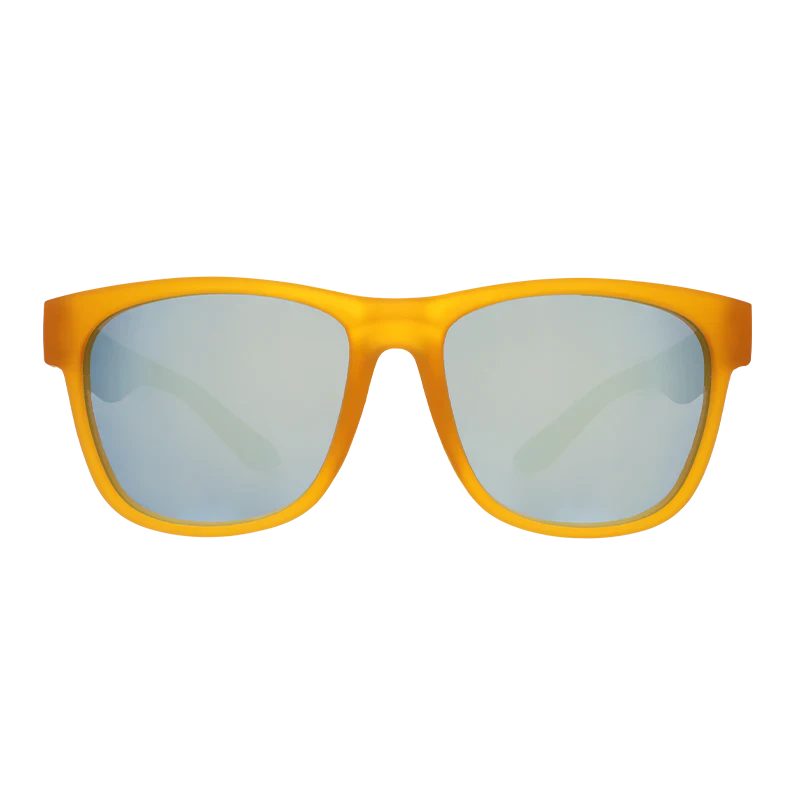 goodr BFG Gold Digging with Sasquatch sunglasses, yellow frame with mirrored silver lenses — front view