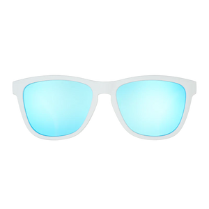goodr OG Iced By Yetis sunglasses, cream frame with mirrored ice blue lenses — front view