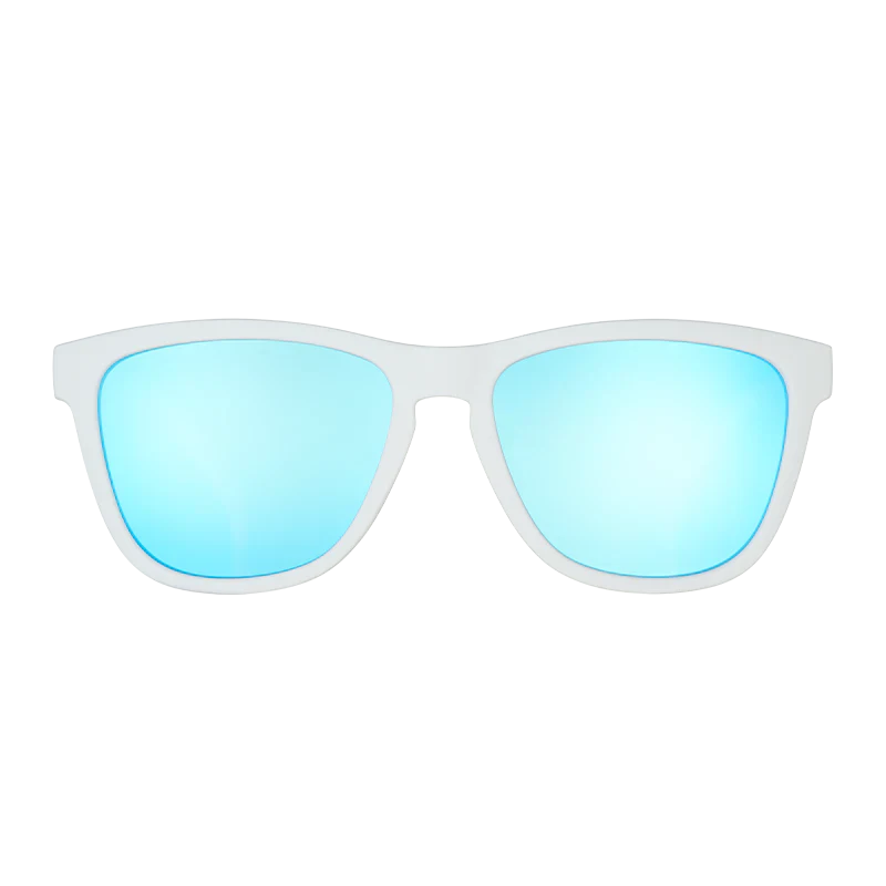 goodr OG Iced By Yetis sunglasses, cream frame with mirrored ice blue lenses — front view