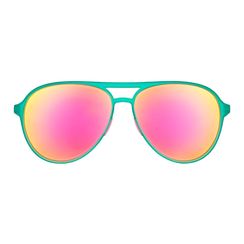 goodr Mach G Kitty Hawkers' Ray Blockers sunglasses, turquoise frame with mirrored hot pink lenses — front view