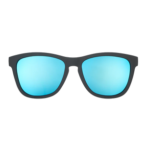 goodr OG Mick And Keith's Midnight Ramble sunglasses, smoke frame with sky blue lenses — front view