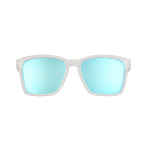 goodr LFG Middle Seat Advantage sunglasses, cream frame with mirrored ice blue lenses — front view