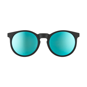 goodr Circle G Midnight Ramble At Circle Bar sunglasses, charcoal frame with mirrored teal lenses — front view