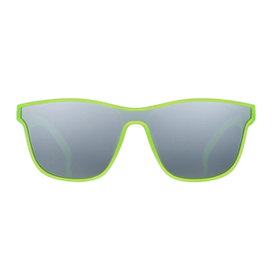 goodr VRG Naeon Flux Capacitor sunglasses, chartreuse frame with mirrored grey lenses — front view