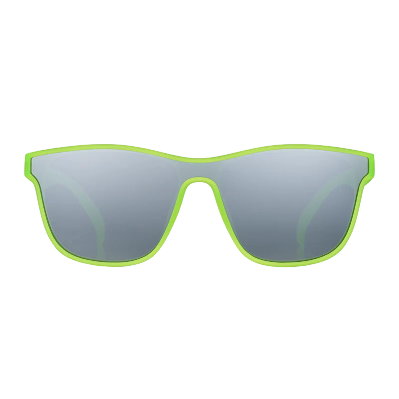 goodr VRG Naeon Flux Capacitor sunglasses, chartreuse frame with mirrored grey lenses — front view