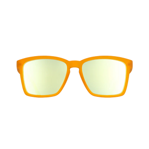 goodr LFG Never The Big Spoon sunglasses, amber frame with mirrored cream lenses — front view