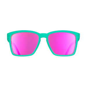 goodr LFG Short With Benefits sunglasses, turquoise frame with mirrored hot pink lenses — front view