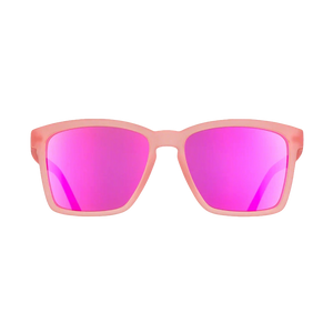 goodr LFG Shrimpin' Ain't Easy sunglasses, salmon frame with mirrored hot pink lenses — front view