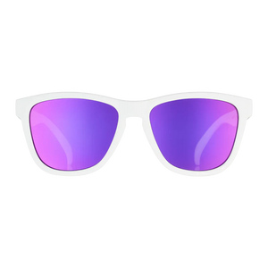 goodr OG Side Scroll Eye Roll sunglasses, white frame with mirrored violet lenses — front view