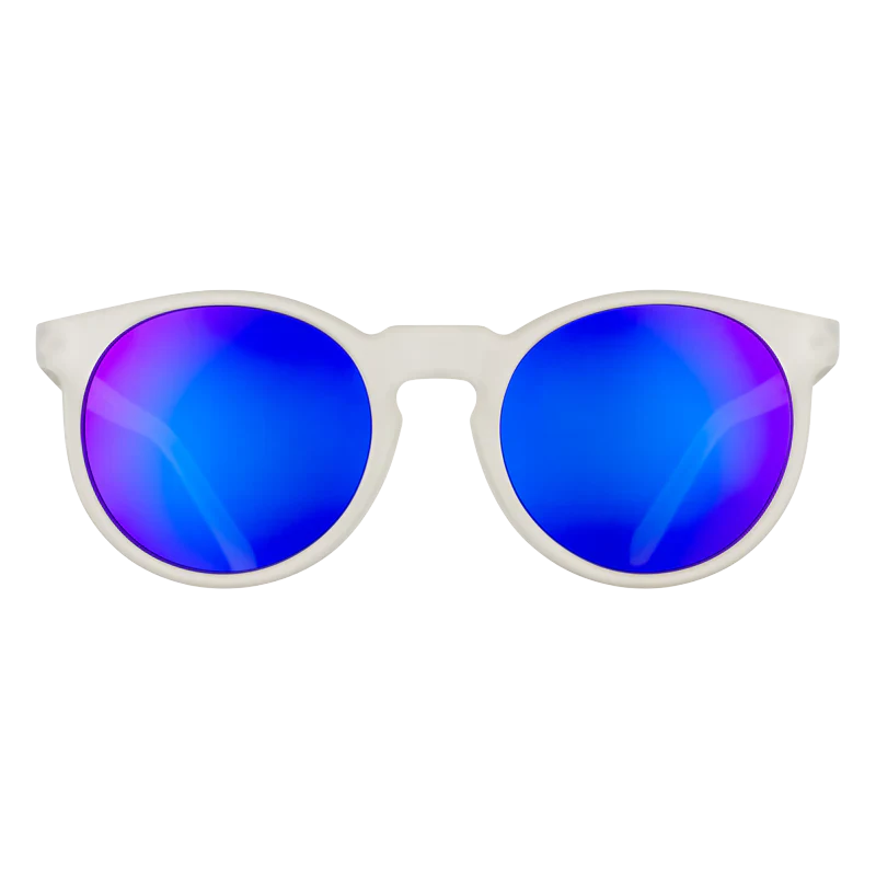goodr Circle G Strange Things Are Afoot At The Circle Gs sunglasses, clear frame with cobalt blue mirrored lenses — front view