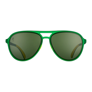 goodr Mach G Tales From The Greenskeeper sunglasses, forest frame with mirrored graphite lenses — front view