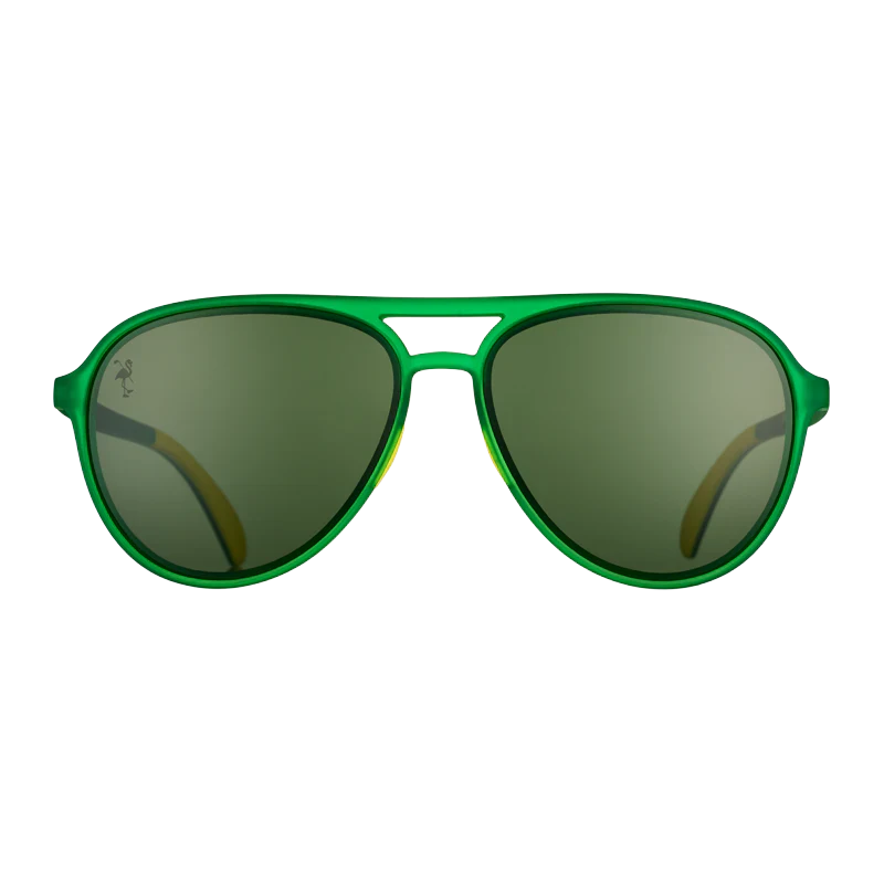 goodr Mach G Tales From The Greenskeeper sunglasses, forest frame with mirrored graphite lenses — front view