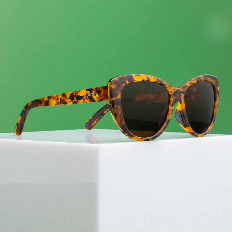 goodr Glam G The Catwalk's Meow sunglasses, tortoise frame with chocolate lenses — styled product view
