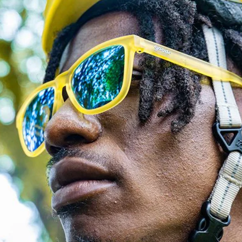 goodr OG Swedish Meatball Hangover sunglasses, lemon-lime frame with ice blue lenses — styled product view